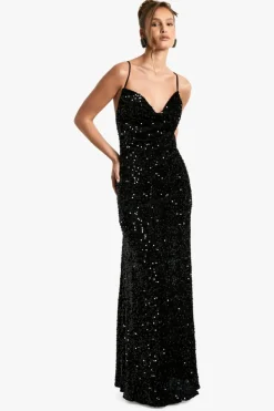 Maxi Dresses*boohoo Velvet Sequin Cowl Neck Slip Maxi Dress black