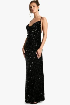Maxi Dresses*boohoo Velvet Sequin Cowl Neck Slip Maxi Dress black