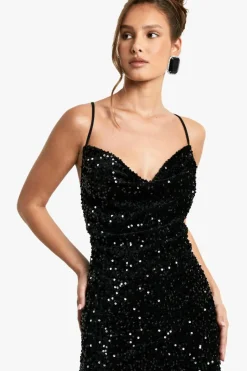 Maxi Dresses*boohoo Velvet Sequin Cowl Neck Slip Maxi Dress black