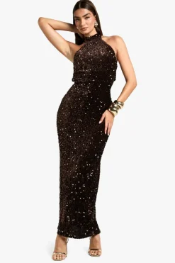 Maxi Dresses|Dresses*boohoo Velvet Sequin Halterneck Slip Maxi Dress chocolate