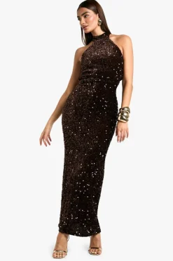 Maxi Dresses|Dresses*boohoo Velvet Sequin Halterneck Slip Maxi Dress chocolate