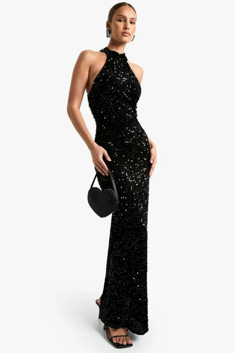 Maxi Dresses*boohoo Velvet Sequin Halterneck Slip Maxi Dress black
