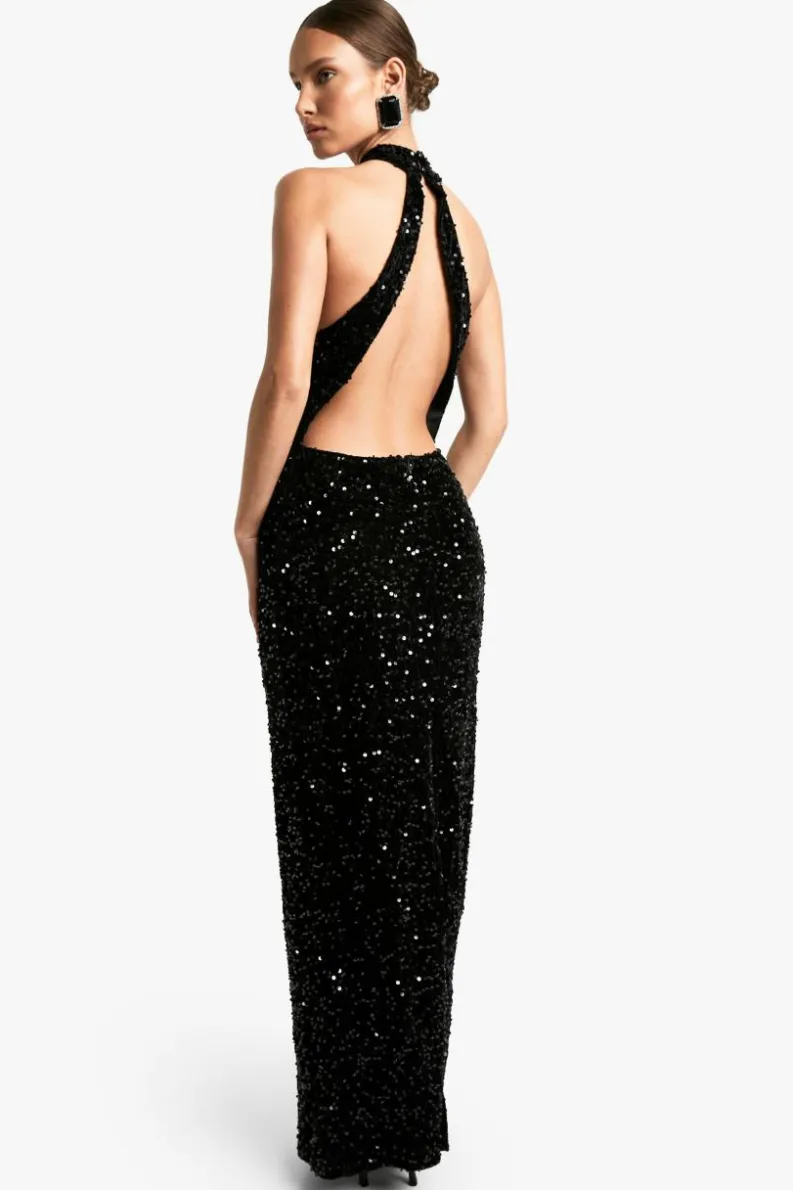 Maxi Dresses*boohoo Velvet Sequin Halterneck Slip Maxi Dress black