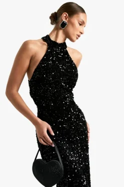 Maxi Dresses*boohoo Velvet Sequin Halterneck Slip Maxi Dress black