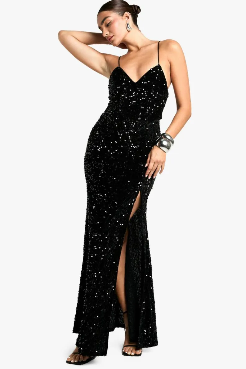 Cami Dresses|Maxi Dresses*boohoo Velvet Sequin Slip Maxi Dress black