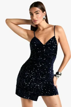 Cami Dresses*boohoo Velvet Sequin Slip Mini Dress navy