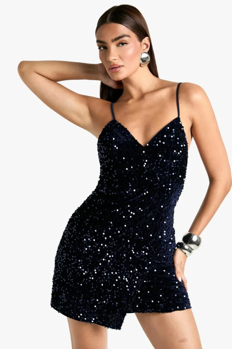 Cami Dresses*boohoo Velvet Sequin Slip Mini Dress navy