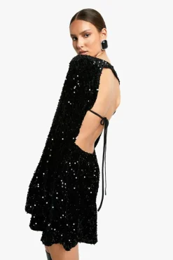 Mini Dresses|Long Sleeve Dresses*boohoo Velvet Sequin Tie Back Shift Dress black