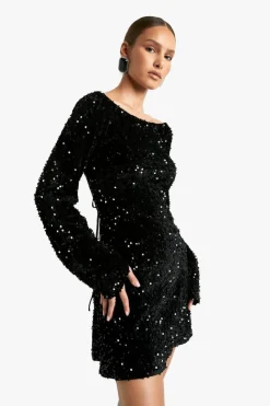 Mini Dresses|Long Sleeve Dresses*boohoo Velvet Sequin Tie Back Shift Dress black