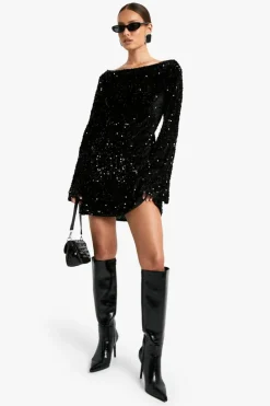 Mini Dresses|Long Sleeve Dresses*boohoo Velvet Sequin Tie Back Shift Dress black