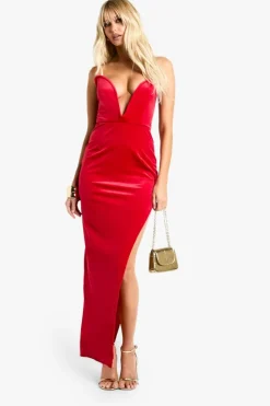 Bodycon Dresses*boohoo Velvet Sweetheart Split Leg Maxi Dress red