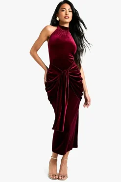 Maxi Dresses*boohoo Velvet Tie Waist Racer Maxi Dress plum