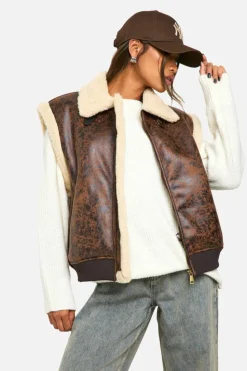 Up To 80% Off Winter Warmers|Gilets*boohoo Vintage Look Bonded Aviator Gilet brown