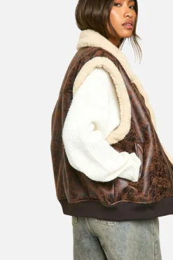 Up To 80% Off Winter Warmers|Gilets*boohoo Vintage Look Bonded Aviator Gilet brown