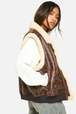 Up To 80% Off Winter Warmers|Gilets*boohoo Vintage Look Bonded Aviator Gilet brown