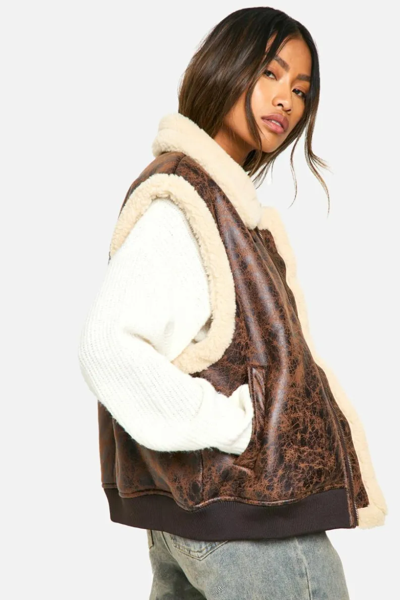 Up To 80% Off Winter Warmers|Gilets*boohoo Vintage Look Bonded Aviator Gilet brown