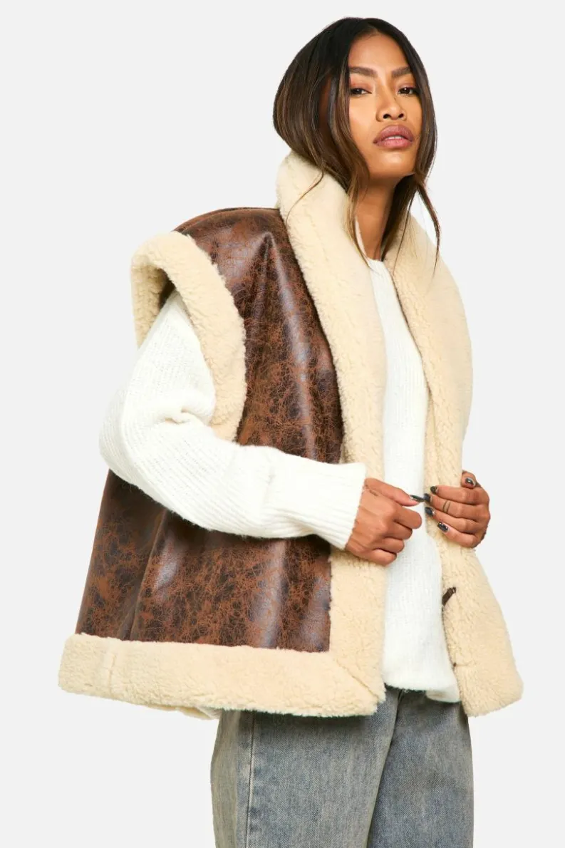 Up To 80% Off Winter Warmers|Gilets*boohoo Vintage Look Bonded Aviator Gilet brown
