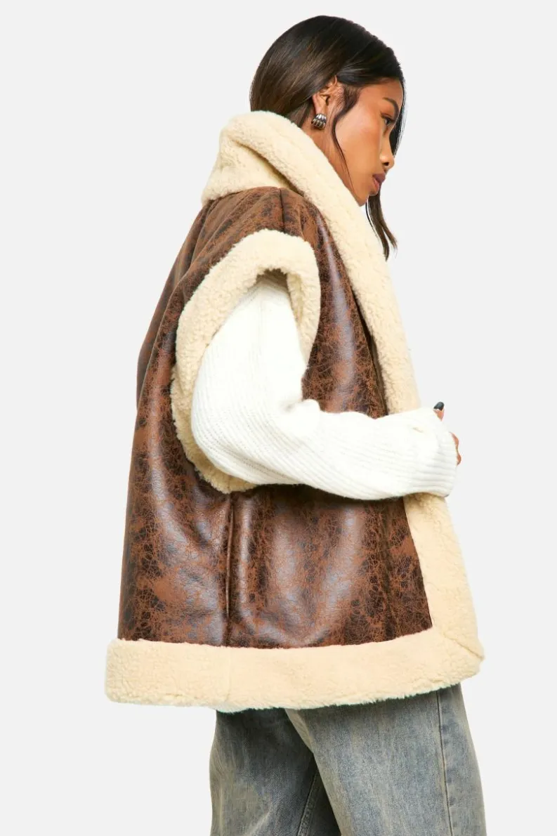 Up To 80% Off Winter Warmers|Gilets*boohoo Vintage Look Bonded Aviator Gilet brown