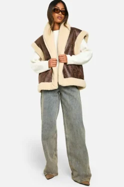 Up To 80% Off Winter Warmers|Gilets*boohoo Vintage Look Bonded Aviator Gilet brown