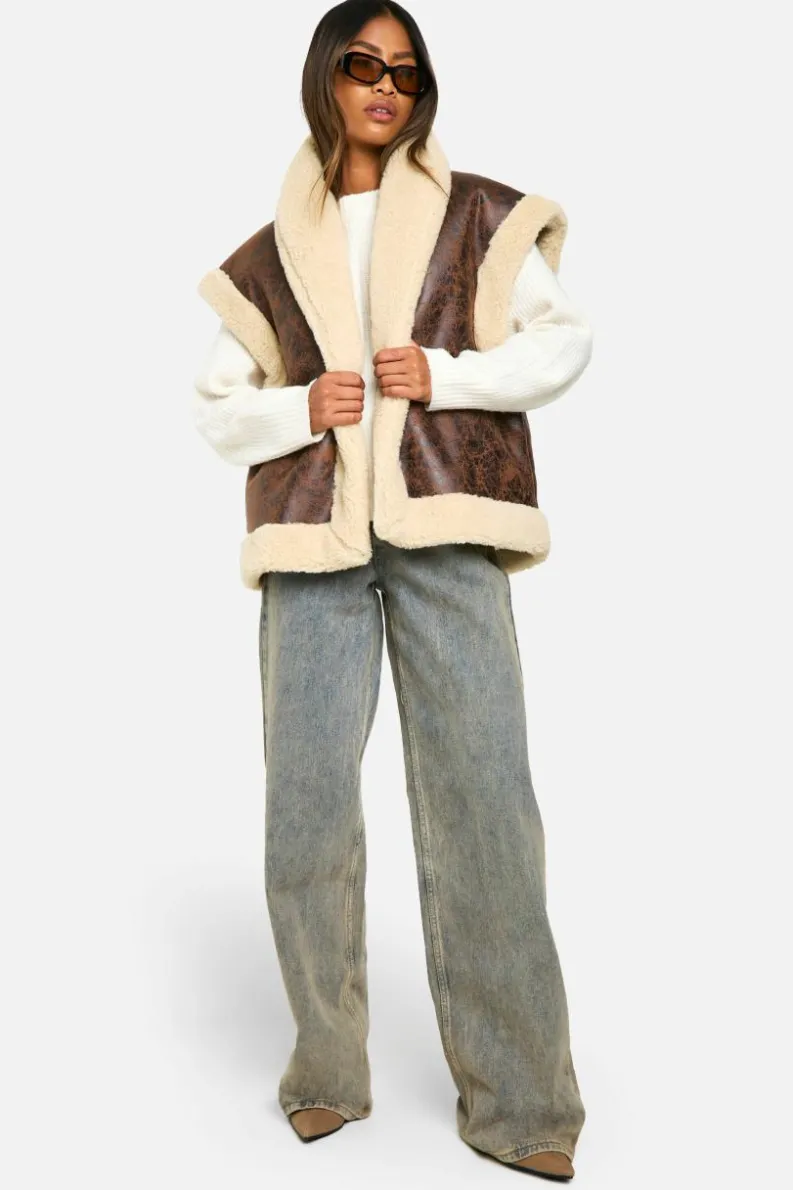 Up To 80% Off Winter Warmers|Gilets*boohoo Vintage Look Bonded Aviator Gilet brown