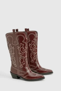 Cowboy Boots*boohoo Vintage Look Calf Detail Embroidered Western Cowboy Boots oxblood