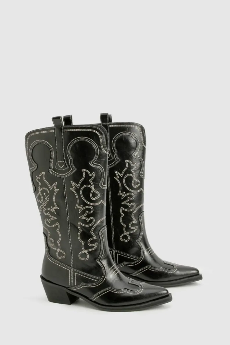 Cowboy Boots|All Boots*boohoo Vintage Look Calf Detail Embroidered Western Cowboy Boots black