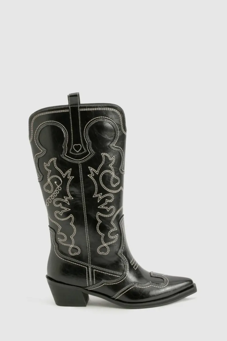 Cowboy Boots|All Boots*boohoo Vintage Look Calf Detail Embroidered Western Cowboy Boots black