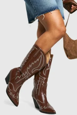 Calf High Boots|Cowboy Boots*boohoo Vintage Look Calf High Western Cowboy Boots brown