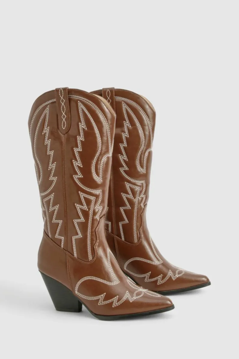 Calf High Boots|Cowboy Boots*boohoo Vintage Look Calf High Western Cowboy Boots brown