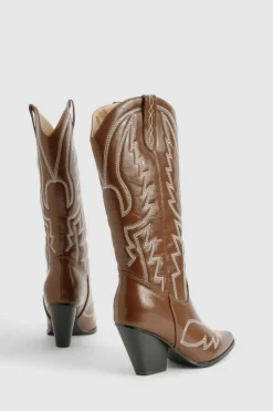 Calf High Boots|Cowboy Boots*boohoo Vintage Look Calf High Western Cowboy Boots brown