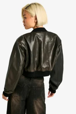 Up To 80% Off Winter Warmers|Bomber Jackets*boohoo Vintage Look Faux Leather Cropped Bomber Jacket brown