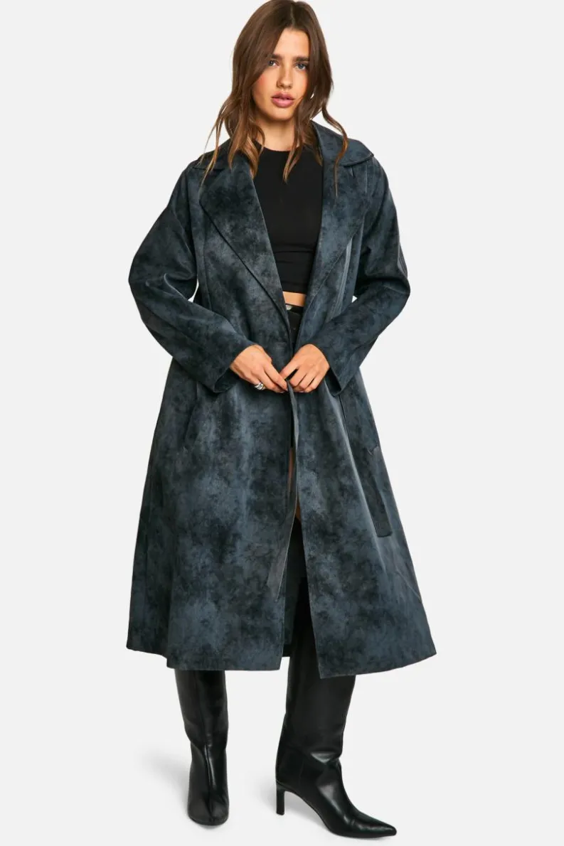 Up To 80% Off Winter Warmers|Trench Coats*boohoo Vintage Look Faux Leather Trench Coat grey