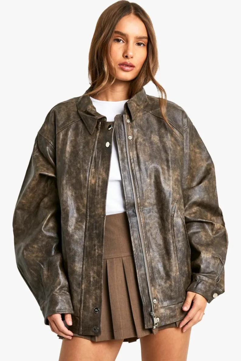 Up To 80% Off Winter Warmers|Coats & Jackets*boohoo Vintage Look Faux Leather Bomber Jacket brown