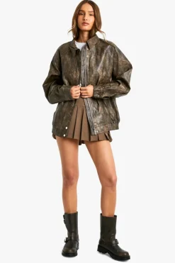 Up To 80% Off Winter Warmers|Coats & Jackets*boohoo Vintage Look Faux Leather Bomber Jacket brown