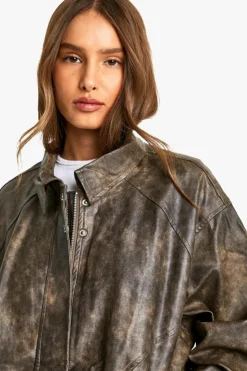Up To 80% Off Winter Warmers|Coats & Jackets*boohoo Vintage Look Faux Leather Bomber Jacket brown