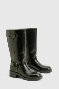 Over The Knee Boots|Knee High Boots*boohoo Vintage Look Harness Detail Biker Knee High Boot brown