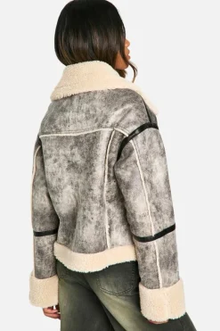 Up To 80% Off Winter Warmers|Aviator Jackets*boohoo Vintage Look Teddy Trim Aviator Jacket grey