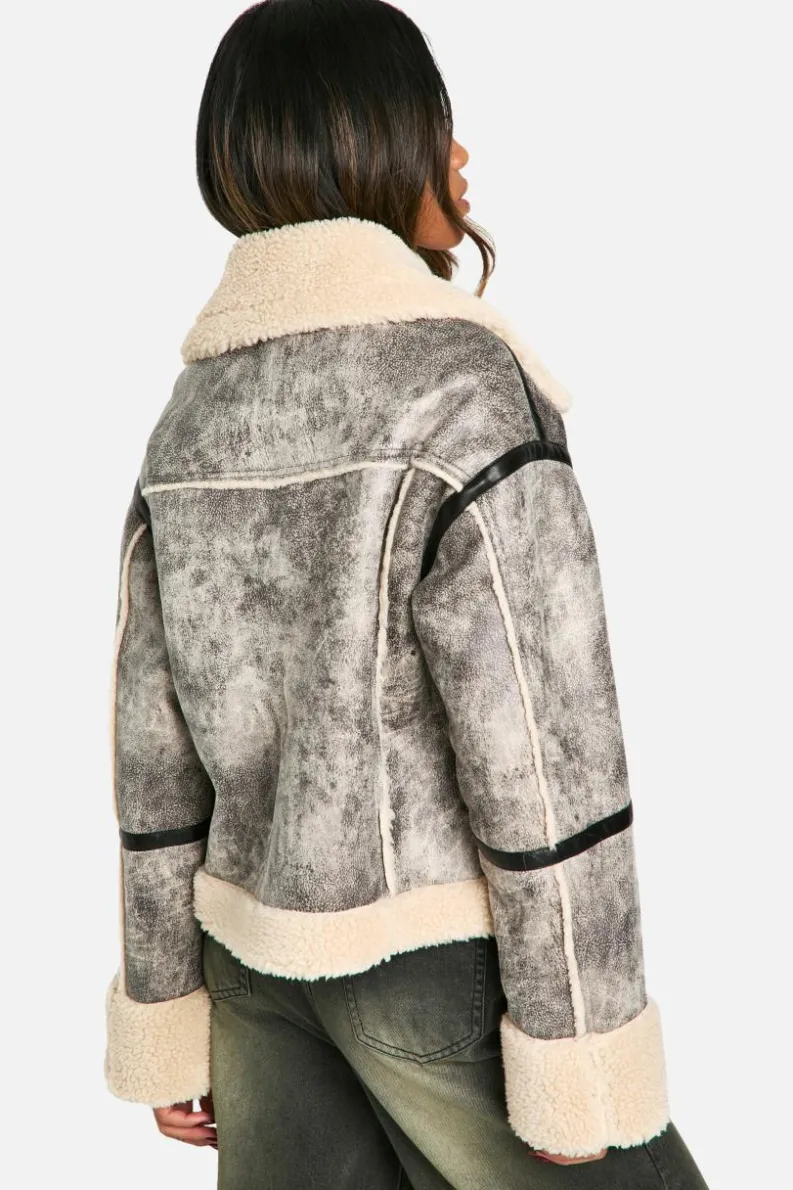 Up To 80% Off Winter Warmers|Aviator Jackets*boohoo Vintage Look Teddy Trim Aviator Jacket grey