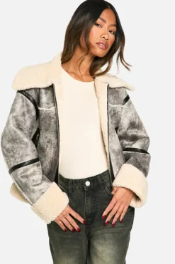 Up To 80% Off Winter Warmers|Aviator Jackets*boohoo Vintage Look Teddy Trim Aviator Jacket grey