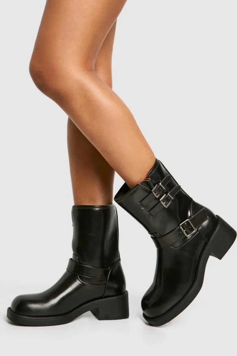 Biker Boots*boohoo Vintage Style Buckle Detail Biker Boot brown