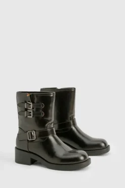Biker Boots*boohoo Vintage Style Buckle Detail Biker Boot brown