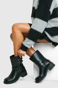 Biker Boots|All Boots*boohoo Vintage Style Buckle Detail Biker Boot black