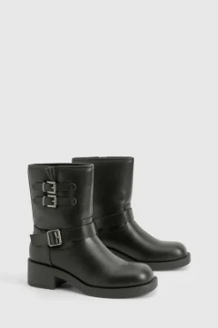 Biker Boots|All Boots*boohoo Vintage Style Buckle Detail Biker Boot black