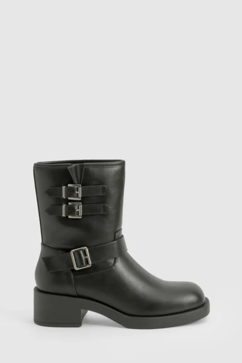 Biker Boots|All Boots*boohoo Vintage Style Buckle Detail Biker Boot black