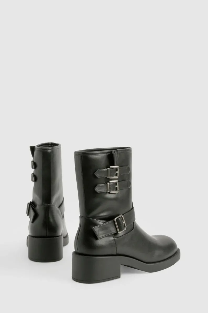 Biker Boots|All Boots*boohoo Vintage Style Buckle Detail Biker Boot black