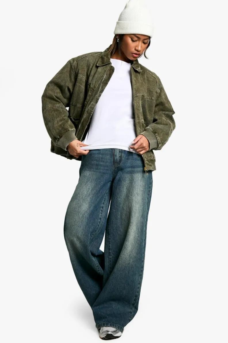 Up To 80% Off Winter Warmers|Bomber Jackets*boohoo Vintage Washed Look Bomber Jacket washed khaki
