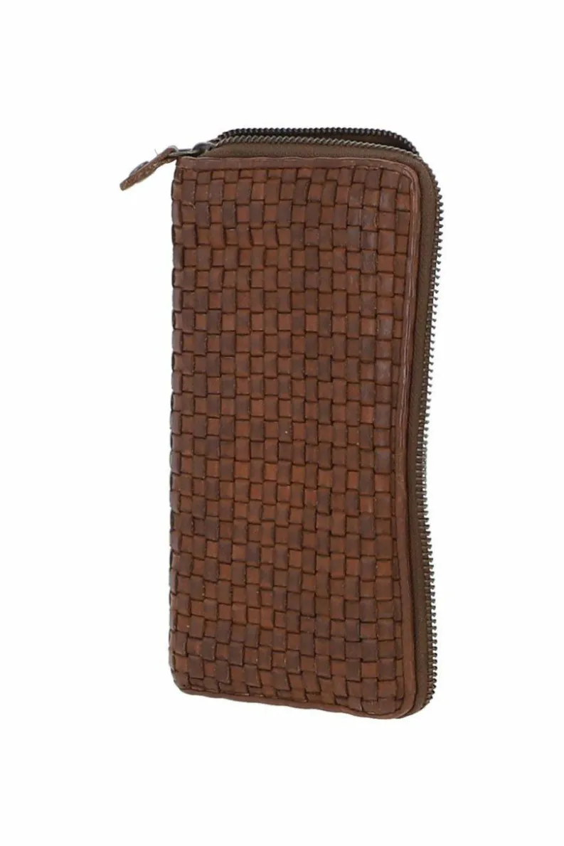 Handbags*Ashwood Leather Vintage Woven Leather Zip Around Large 10 Card Coin Note Purse Light Brown