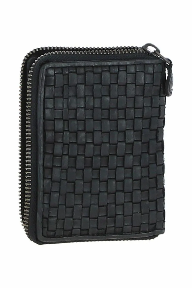 Handbags*Ashwood Leather Vintage Woven Leather Zip Around Small 6 Card Coin Purse Black