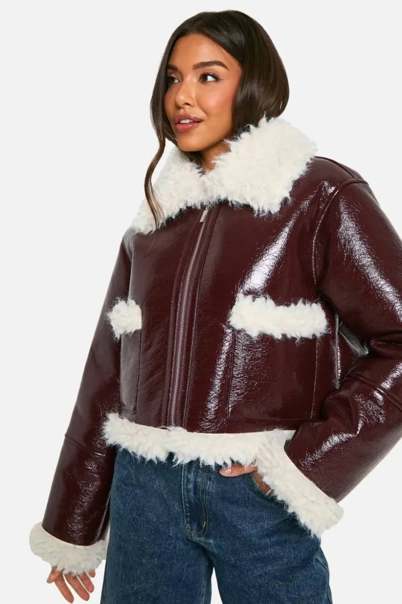 Up To 80% Off Winter Warmers|Aviator Jackets*boohoo Vinyl Faux Fur Trim Jacket burgundy