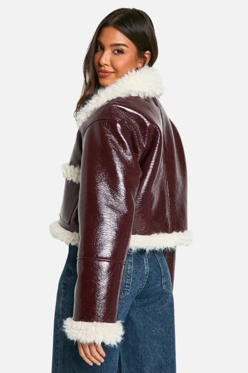 Up To 80% Off Winter Warmers|Aviator Jackets*boohoo Vinyl Faux Fur Trim Jacket burgundy